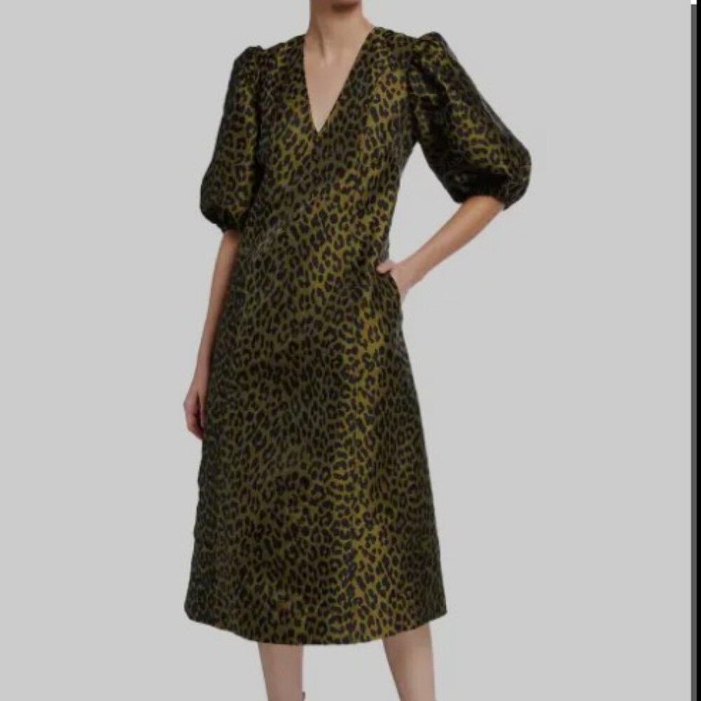 NWT GANNI CRISPY JACQUARD LEOPARD V NECK DRESS SIZE 34